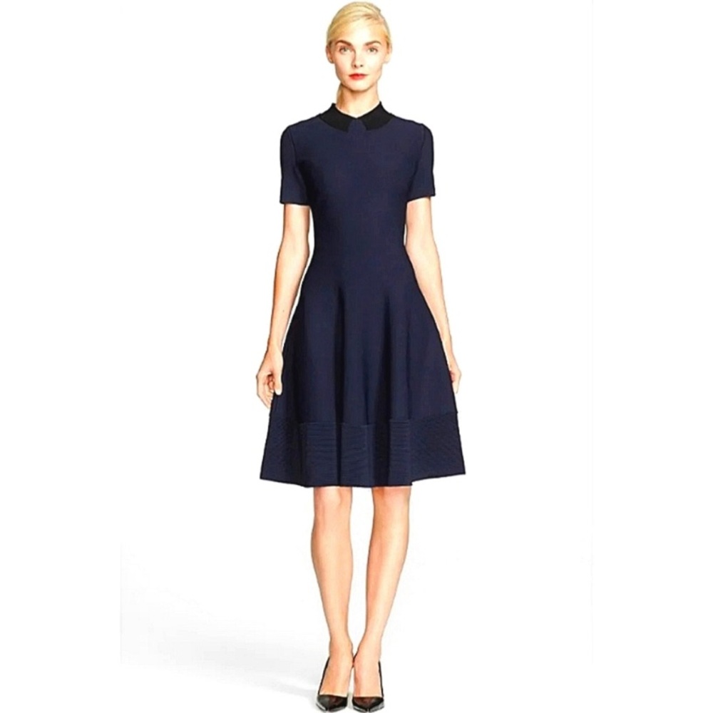 Kate Spade Trompe L’Oeil Blue & Black Fit-&-Flare Dress Contrast Collar Size S